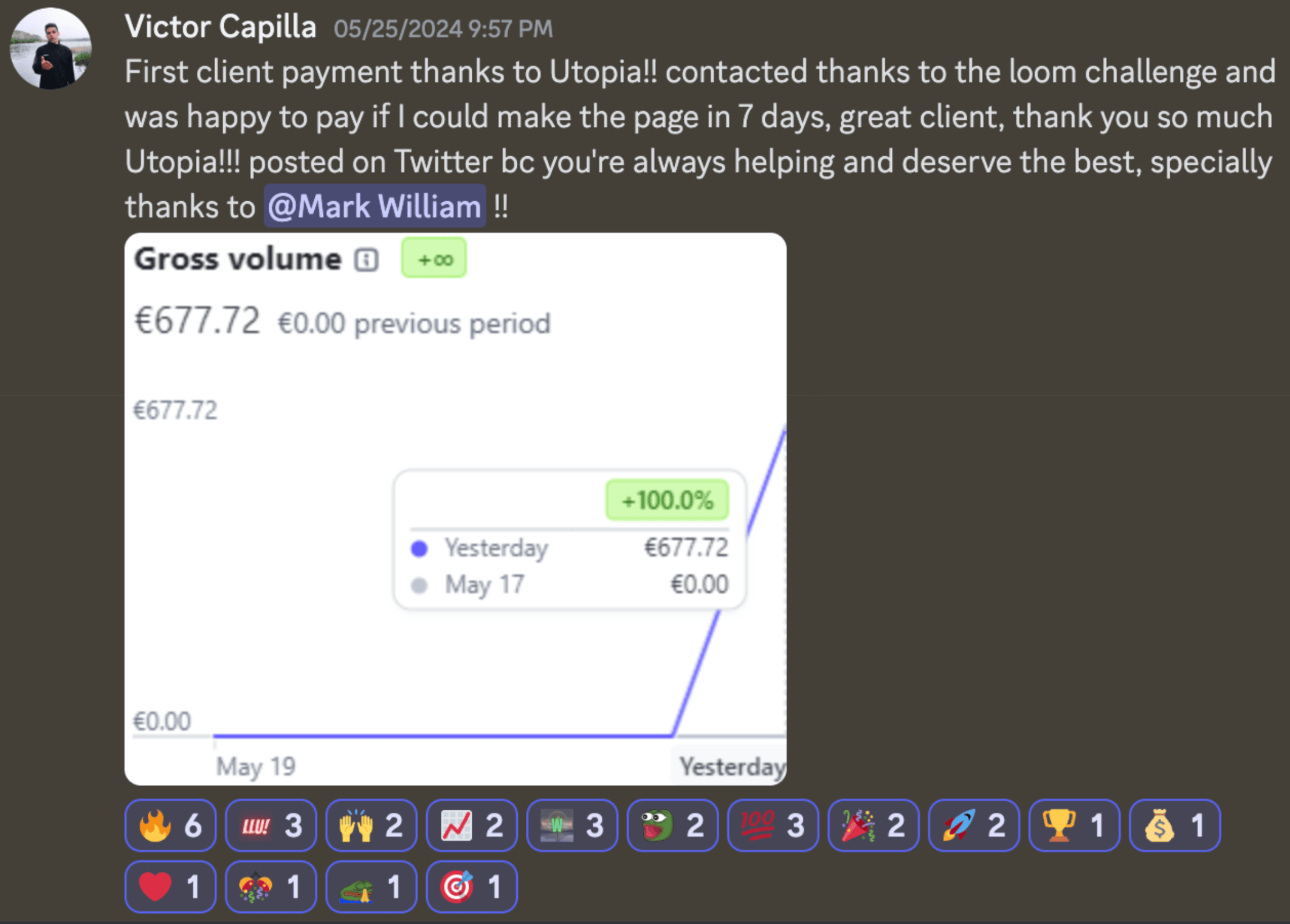 Victor's success story - First client payment €677.72, 100% growth thanks to Utopia